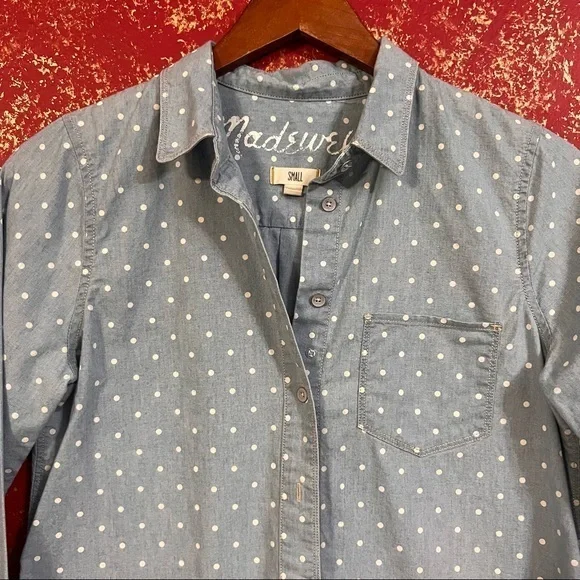 MADEWELL Blue Polka Dots Chambray Top Blouse Shirt SMALL S - Picture 2 of 12